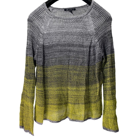 Kenneth Cole Sweater Womens Size L Crochet Stretch Long Sleeve Gray To Yellow - Picture 1 of 6